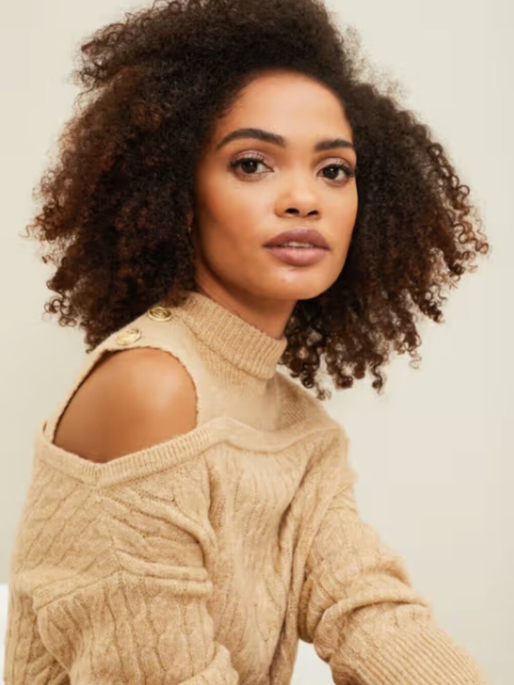 Lipsy London Beige Cable Knit Cold Shoulder Sweater Dress